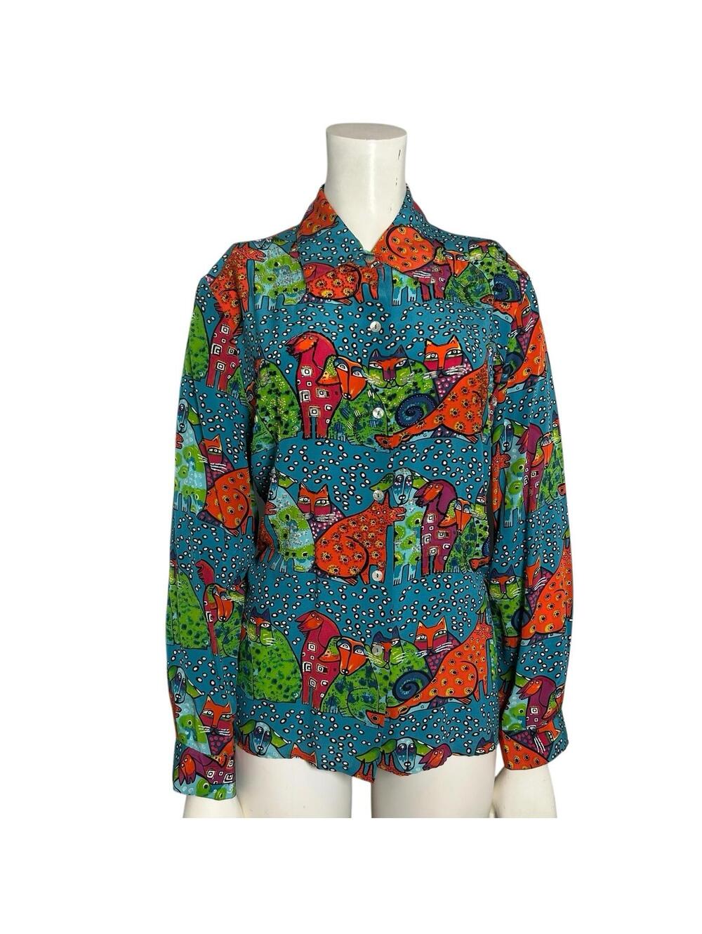 Vintage 90s Silk Cat Dog Print Blouse Nicole Taylor Beaded Art Shirt Medium